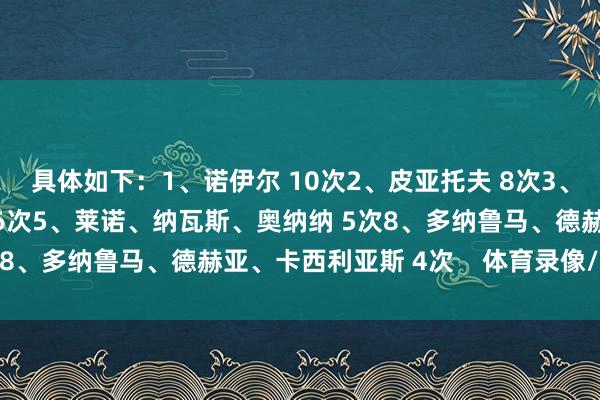 具体如下:1、诺伊尔 10次2、皮亚托夫 8次3、埃尔顿 、阿金费耶夫 6次5、莱诺、纳瓦斯、奥纳纳 5次8、多纳鲁马、德赫亚、卡西利亚斯 4次 体育录像/图片